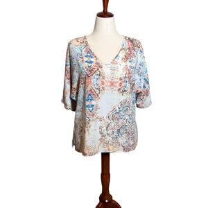Chico's blouse popover v neck tunic top abstract neutral print Sz 1 US Med